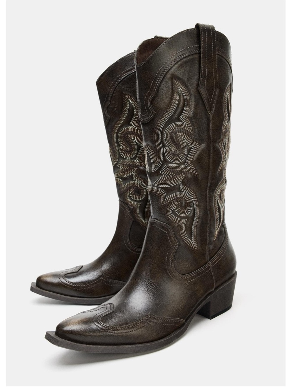 ZARA Classic Western Brown Leather Cowboy Boots -
